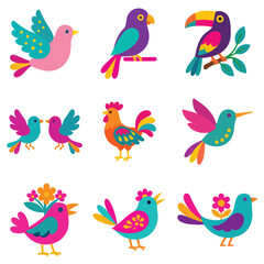 Naklejka premium Set of Mexican Otomi Bird illustration, colorful otomi bird Art, Otomi Bird Enamel vector, Cute colorful bird Design Sublimation 