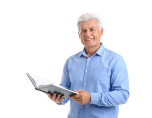 Smiling man reading an open book