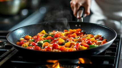 Cooking delicious food in wok pan