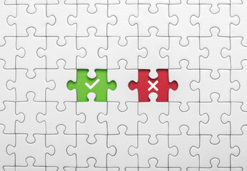 Missing puzzle pieces with check mark and cross symbols. Approve or reject, right or wrong, yes or no in decision making, concept of choose, red and green