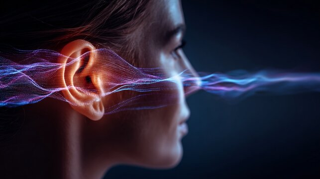 Abstract representation of sound waves entering a human ear - hearing technology