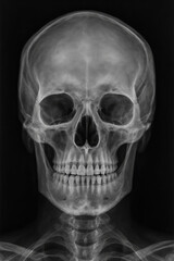 Obraz premium Radiographie médicale d’un crâne humain en vue frontale, montrant clairement les os