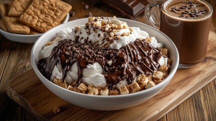 A delectable dessert in a white bowl features a scoop of vanilla ice cream topped with rich chocolate fudge, surrounded by chunks of brownie.