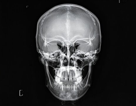 Radiographie m&eacute;dicale d&rsquo;un cr&acirc;ne humain en vue frontale, montrant clairement les os