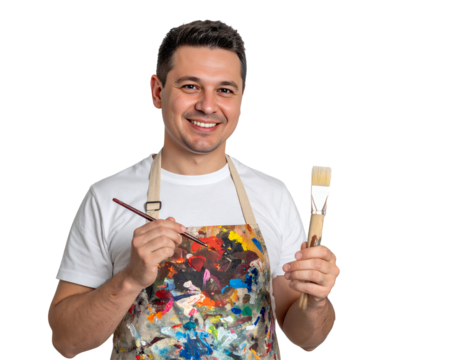 Smiling painter holds paintbrushes proudly