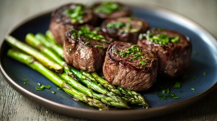 A gourmet plate featuring two grilled lamb chops with charred edges, accompanied by creamy risotto garnished with herbs.