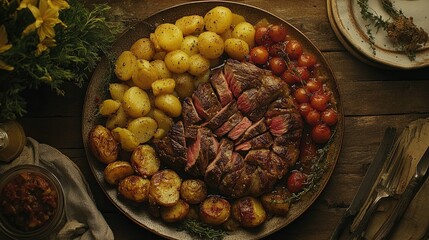 A plated dish featuring sliced grilled steak topped with green herb sauce, accompanied by creamy mashed potatoes and a variety of roasted vegetables, including yellow squash and zucchini.