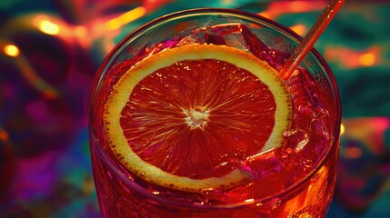 Close-up of a vibrant red cocktail served in a clear glass filled with ice, topped with a dried orange slice and two black straws.