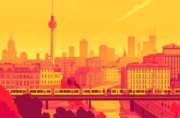 Obraz premium Sunset cityscape view with urban transport