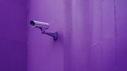 Security camera mounted on a purple wall.