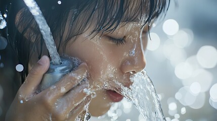 A young girl with dark hair is drinking from a garden hose, with water flowing out in a steady stream.
