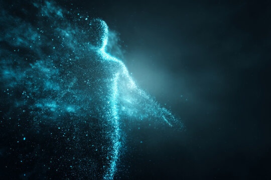 Abstract soul rising in light particles. Person silhouette with glowing energy. Concept of spiritual awakening, human transformation and rebirth