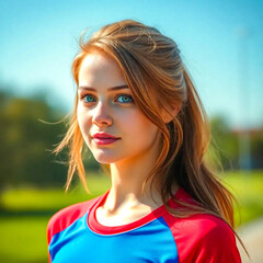 Naklejka premium young woman wearing colorful sportswear. Her beautiful face exudes confidence and charm, with a bright smile and sparkling eyes that attract the attention of the audience.