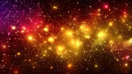 Abstract Gold and Red Digital Network with Glowing Data Points
