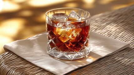 A crystal-cut glass contains a dark amber drink, filled with several ice cubes, sitting atop a white napkin.