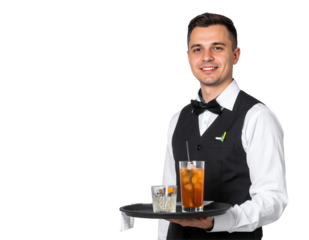 Smiling waiter serves cocktails