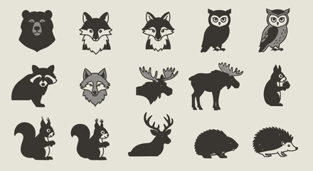 Obraz premium 10 Forest Animal Icons: Bear, Fox, Owl, Raccoon, Moose, Wolf, Squirrel, Deer, Beaver, Hedgehog