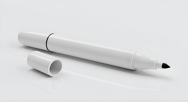 Whiteboard marker with bullet tip, uncapped, lying on white background
