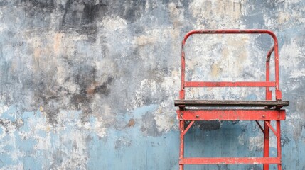 Unsafe scaffold stored against dirty, cracked wall