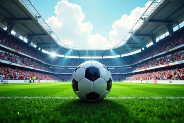 A solitary soccer ball rests on the meticulously manicured field, a majestic stadium filled with eager spectators forming a breathtaking backdrop under a vibrant sunny sky.