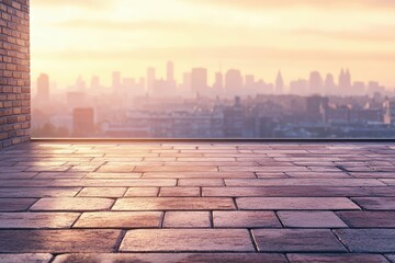 pixel perfect picture of empty brick floor with city skyline background