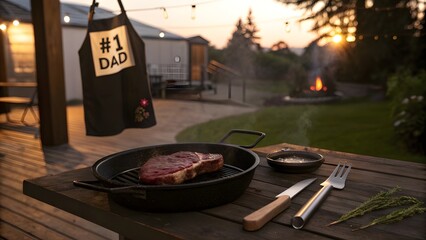 Father's day bbq grilling steak outdoor backyard grill apron dad meat food cooking barbecue celebration party