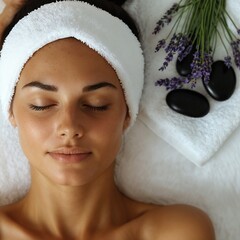 Young woman relaxing during hot stone massage with lavender on white towels