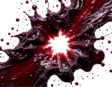 Dark Red Liquid Splashing with Bright Light Burst on Black Backdrop