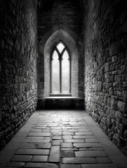Narrow Gothic Passage with Illuminated Window and Textured Stone Walls in Monochrome