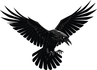 Stylized Crow in Flight, Black and White Vector Illustration