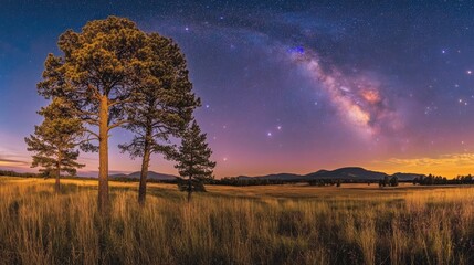 Fototapeta premium A tranquil meadow under a night sky filled with stars and a vibrant galaxy.