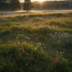 "A remote countryside meadow at dawn, covered in morning dew and wildflowers, with soft sunlight casting long shadows and a light mist hovering over the grass."