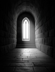 Obraz premium Narrow Gothic Hallway with Bright Arched Window and Stone Interior in Monochrome