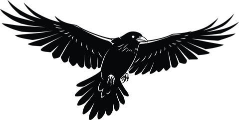 Obraz premium Stylized Crow in Flight, Black and White Vector Illustration