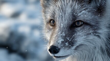 Obraz premium White fox, close-up face in snow, looking ahead
