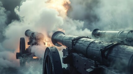 Two antique cannons firing, creating dense plumes of smoke.