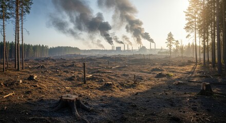 Deforestation and Industrial Pollution in a Sunrise Landscape Revealing the Impact of Environmental Degradation on Nature and Wildlife Habitat