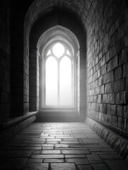 Fototapeta premium Elegant Gothic Archway with Illuminated Window in Silent Stone Passage