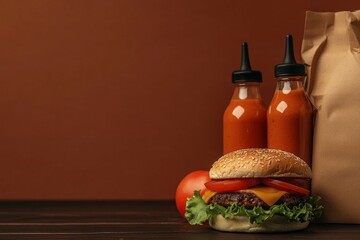 flawless visual of food assortment with burger and sauce bottles