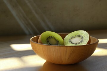 clear pixel visual of fresh kiwi cut into half put on a wooden bowl