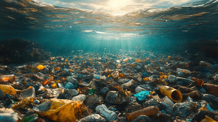 Obraz premium Underwater scene showing a large amount of floating garbage polluting the ocean, symbolizing environmental damage