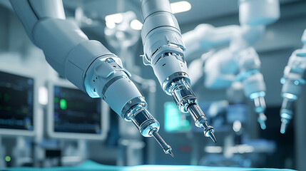 Surgical robotic arms in a modern operating room.