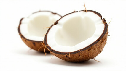 A cracked brown coconut half, a healthy tropical fruit, isolated on white