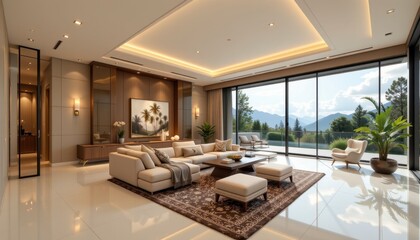Fototapeta premium Modern luxurious living room with large windows showcasing mountain views and elegant furniture arrangement