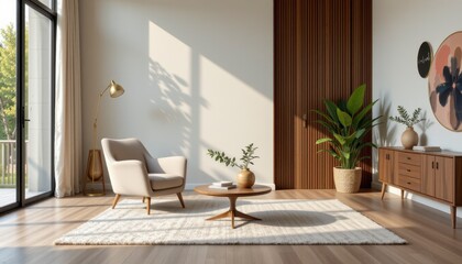 Modern Minimalist Living Room Decor Featuring Cozy Chair and Stylish Coffee Table with Indoor Plants