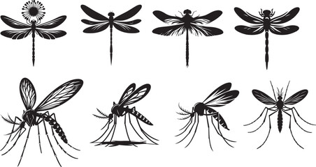 A detailed silhouette set of mosquitoes in various flight and posture positions. Ideal for scientific visuals, health awareness campaigns, pest control infographics, and entomology presentations. Full