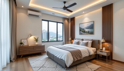 Modern bedroom interior design with large window, comfortable bed, and scenic wall art in a stylish apartment