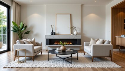 Elegant and Modern Living Room Interior with Cozy Fireplace and Stylish Furniture Design