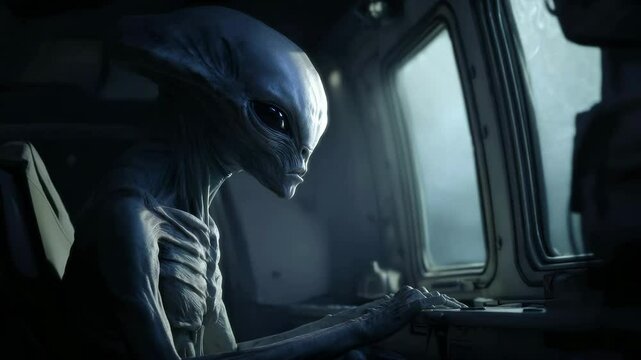 Alien stares through ship window with calm intelligence. Alien waits in silence, its dark eyes filled with thought. Alien reflects loneliness of space and search for meaning