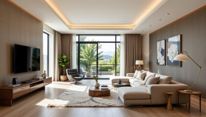 Fototapeta premium Modern and Bright Living Room with Large Windows and Elegant Furniture Design